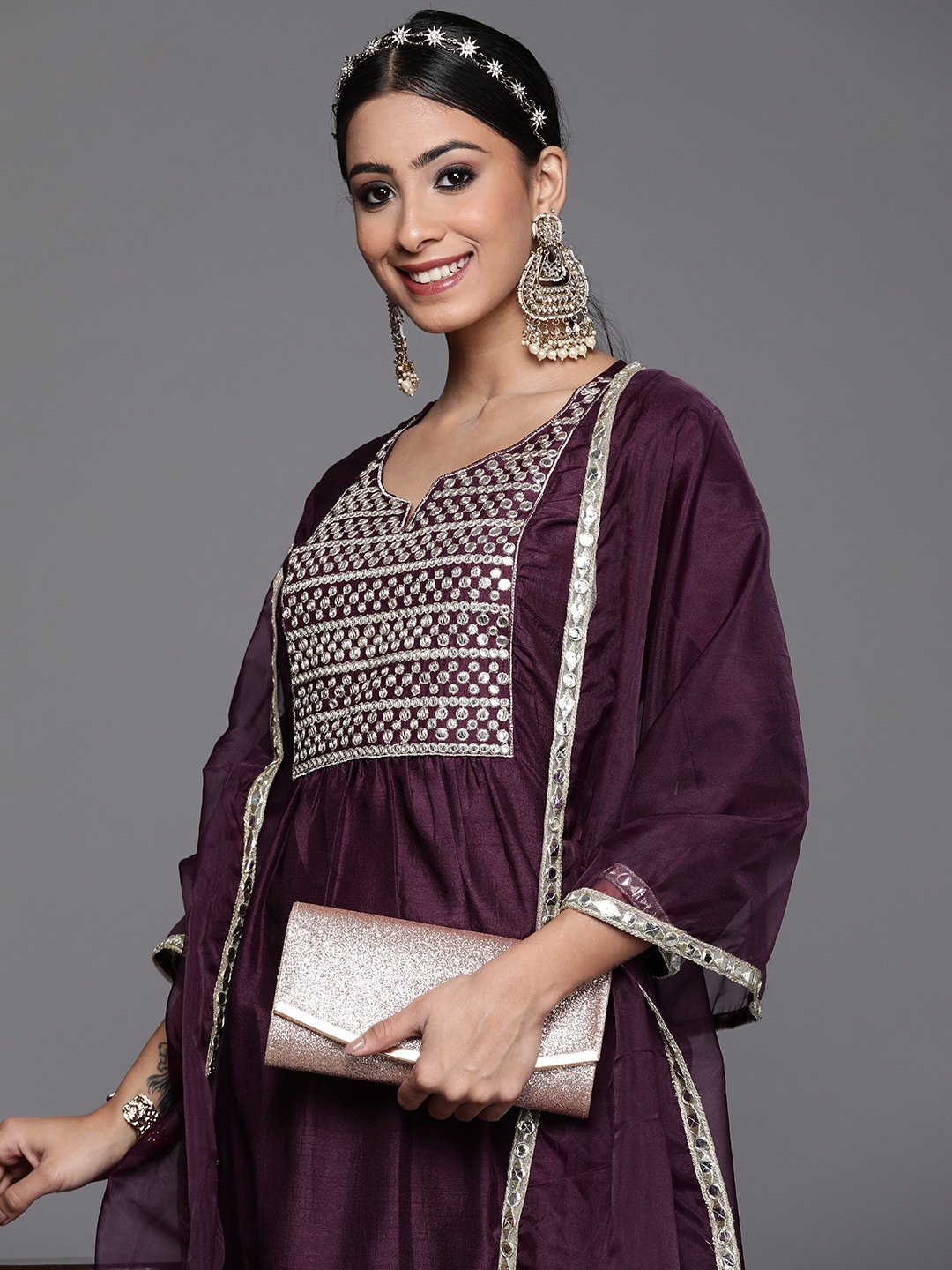 

Indo Era Women Purple Yoke Design Kurta with Trousers & Dupatta