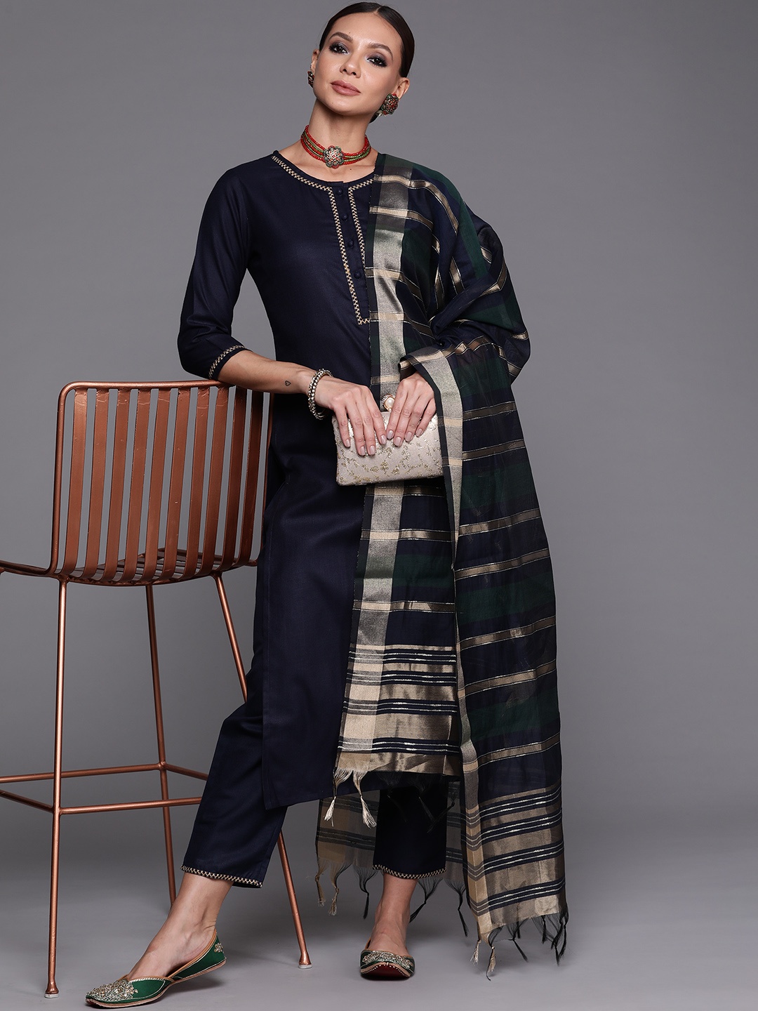 

Indo Era Women Navy Blue Yoke Design Kurta with Palazzos & With Dupatta