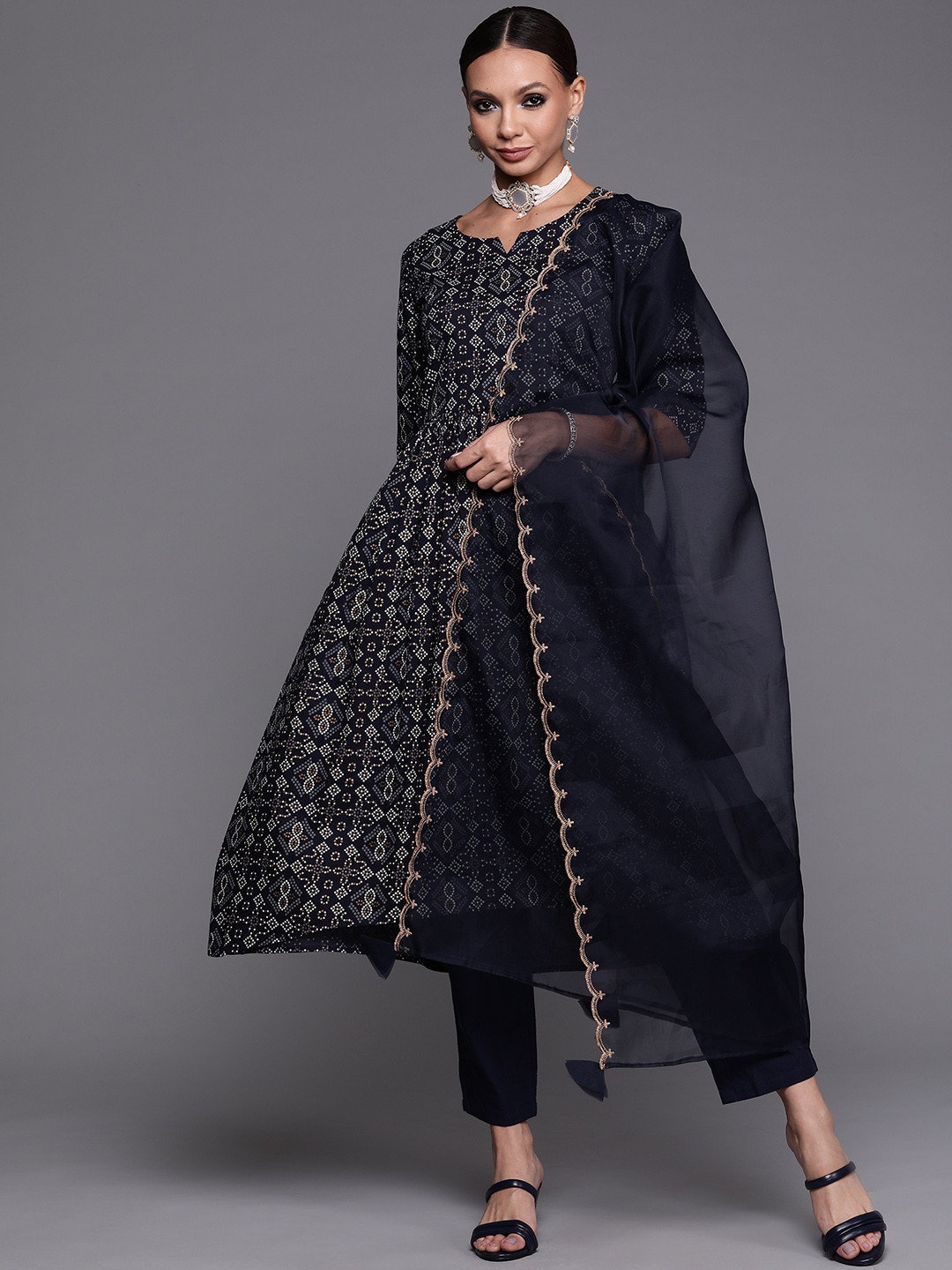 

Indo Era Women Navy Blue Ethnic Motifs Printed Kurta with Trousers & With Dupatta