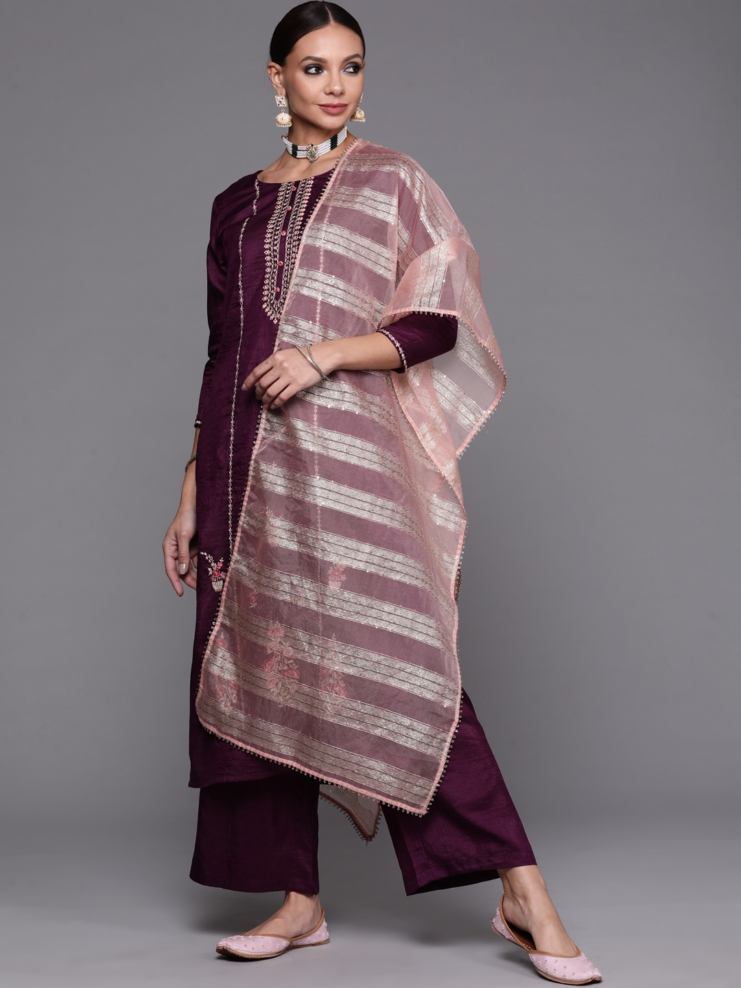 

Indo Era Women Purple Ethnic Motifs Embroidered Kurta with Palazzos & With Dupatta