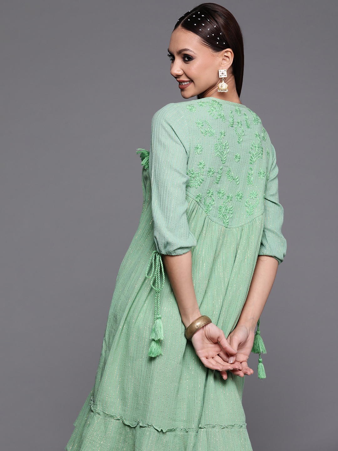 

Indo Era Green Tie-Up Neck Ethnic A-Line Dress