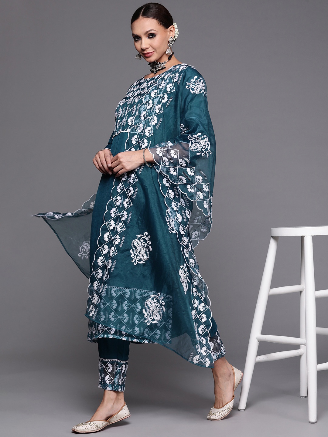 

Indo Era Women Teal Floral Embroidered Kurta with Trousers & With Dupatta