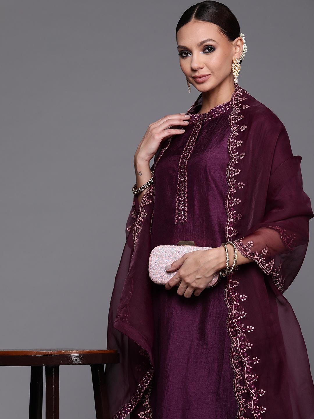 

Indo Era Women Purple Floral Yoke Design Sequinned Kurta with Trousers & With Dupatta