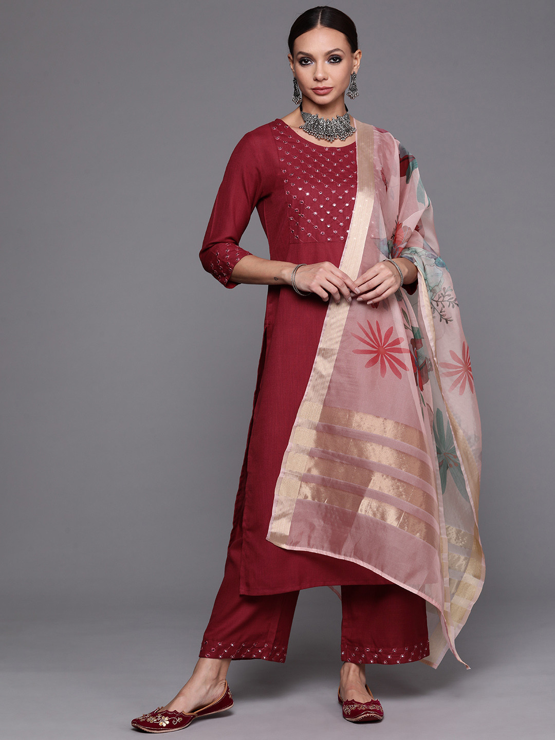 

Indo Era Women Maroon Ethnic Motifs Embroidered Mirror Work Kurta with Palazzos & With Dupatta