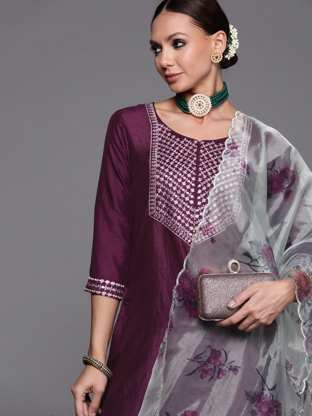 

Indo Era Women Purple Mirror Work Yoke Design Kurta with Trousers & With Dupatta