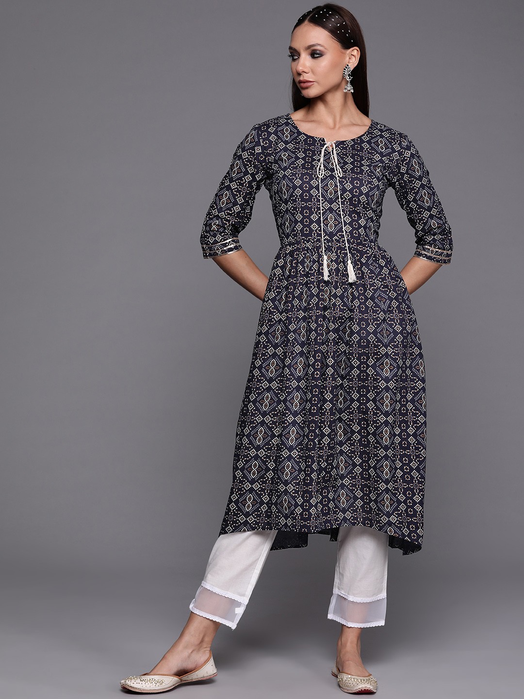 

Indo Era Women Navy Blue Bandhani Printed Kurta