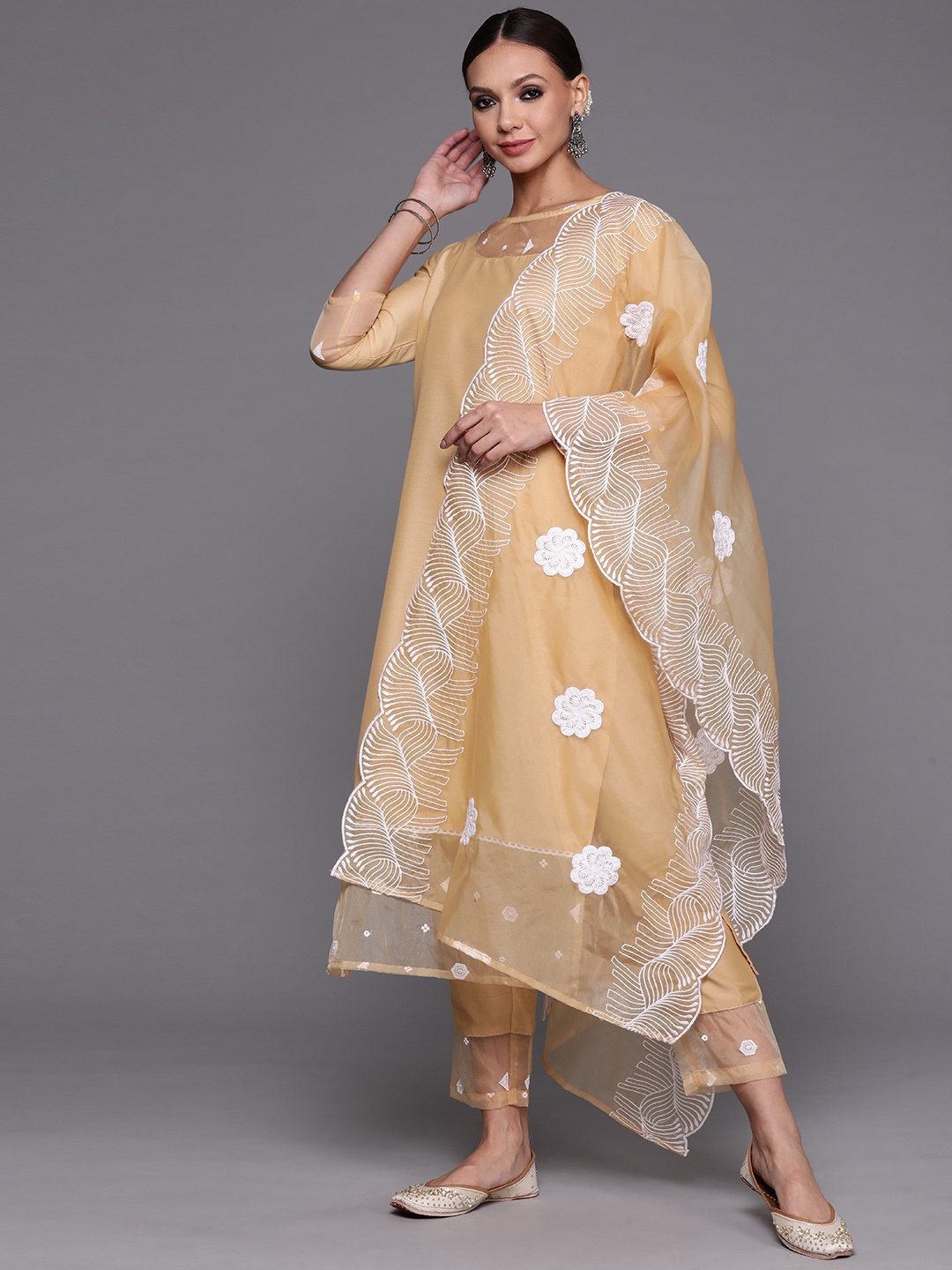 

Indo Era Women Beige Floral Embroidered Kurta with Trousers & With Dupatta