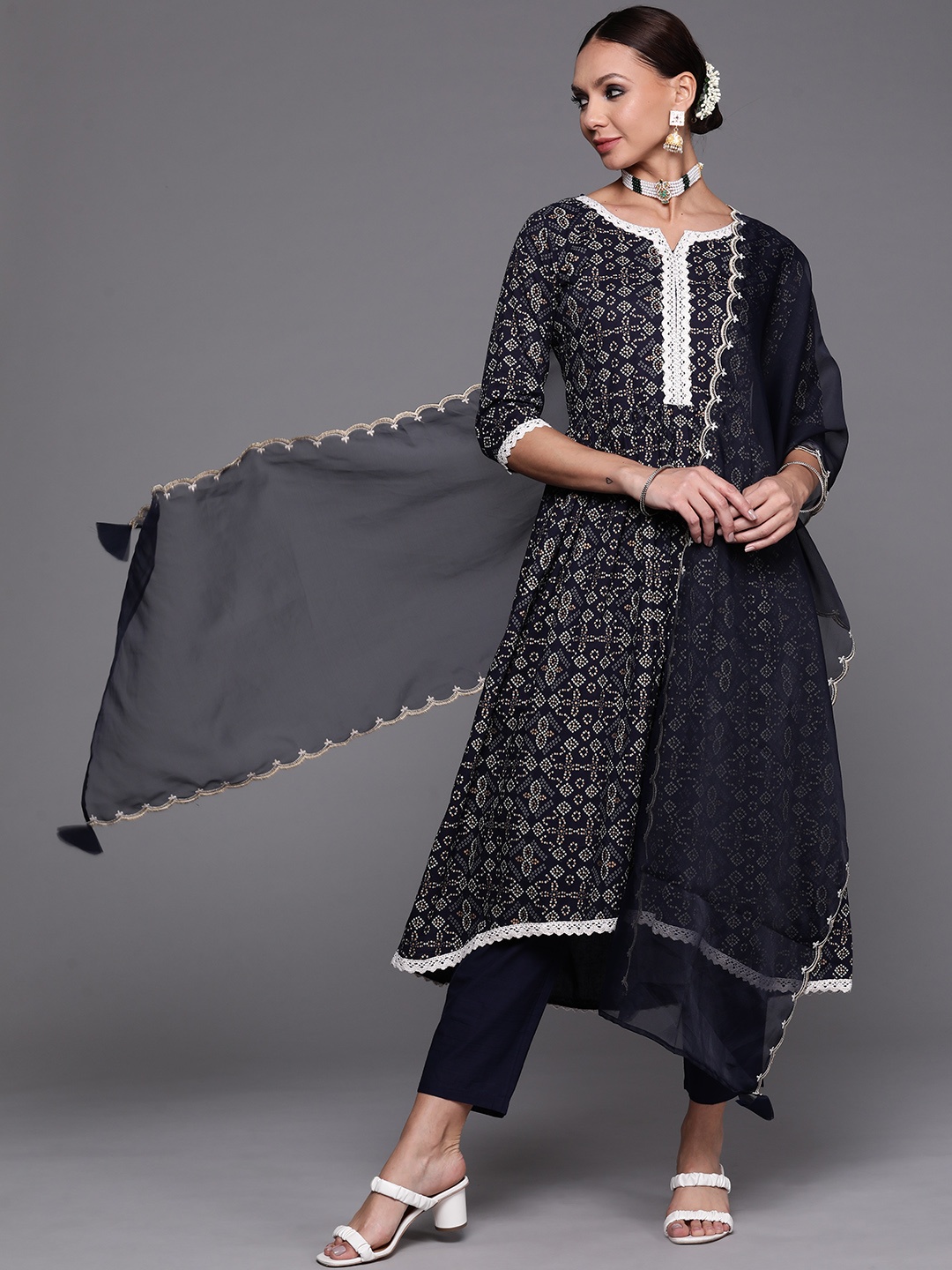 

Indo Era Women Navy Blue Bandhani Kurta with Trousers & With Dupatta