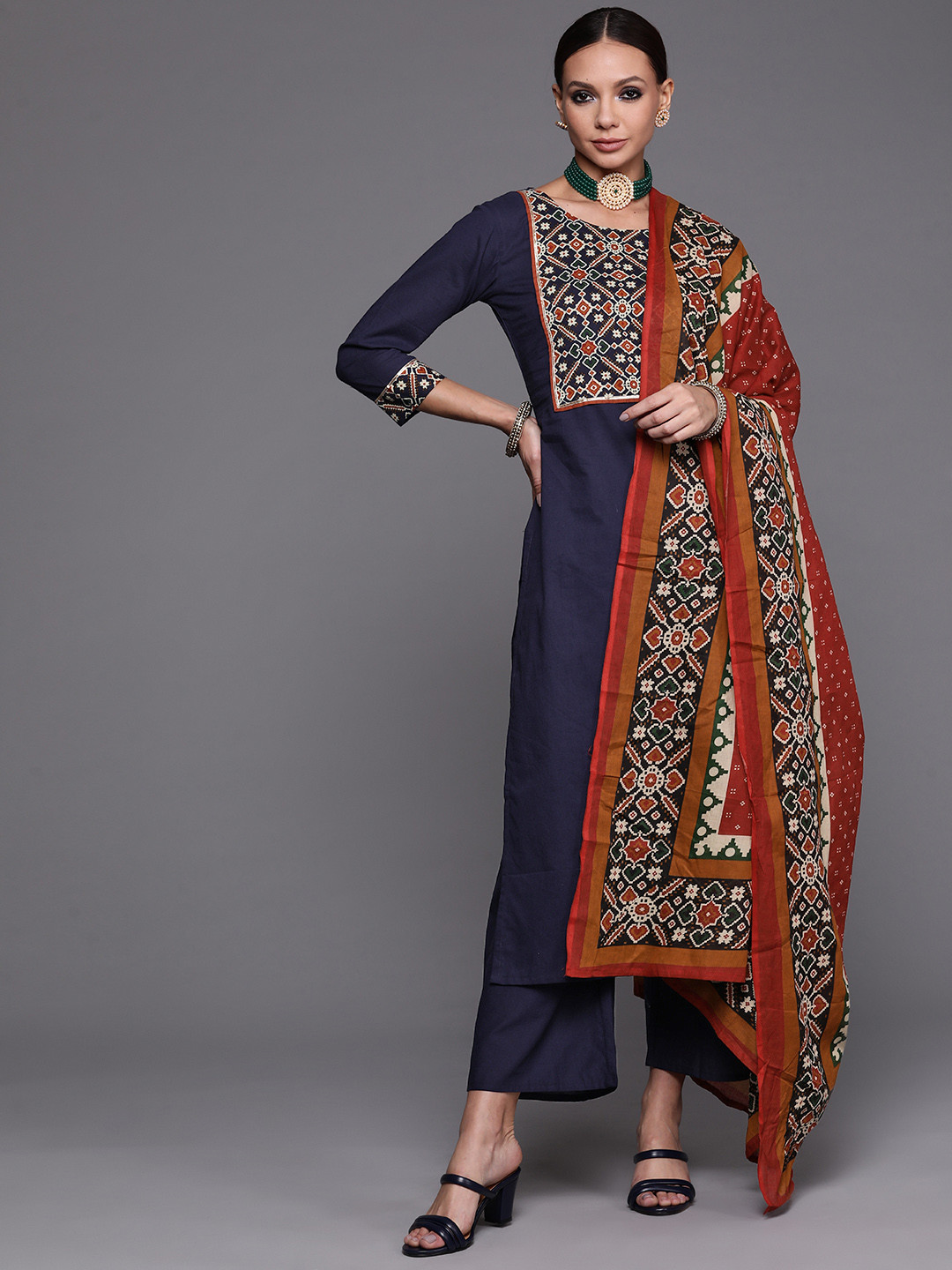 

Indo Era Women Navy Blue Ethnic Motifs Yoke Design Kurta with Palazzos & With Dupatta