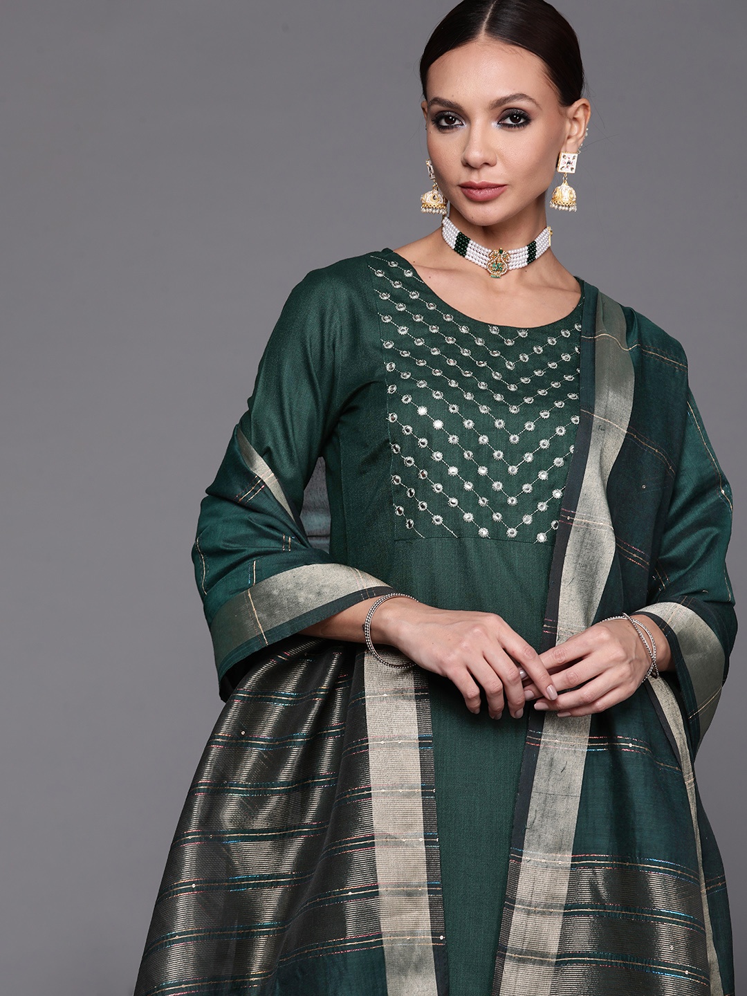

Indo Era Women Green Ethnic Motifs Embroidered Mirror Work Kurta with Palazzos & With Dupatta