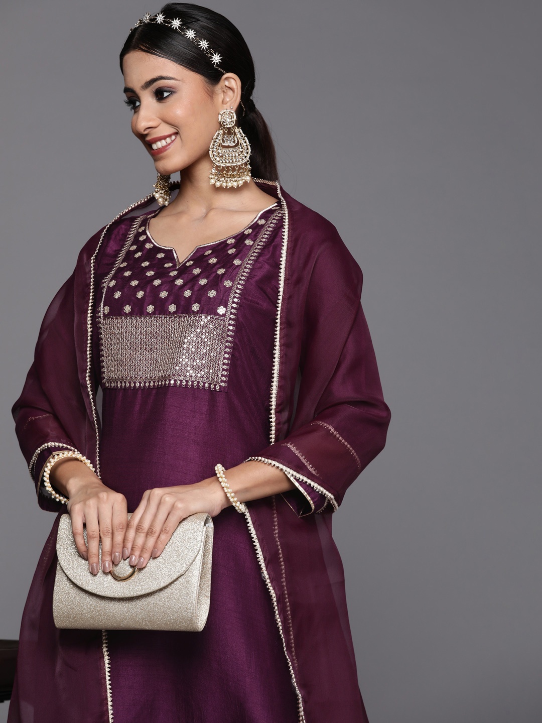 

Indo Era Women Burgundy Ethnic Motifs Yoke Design Kurta with Trousers & With Dupatta