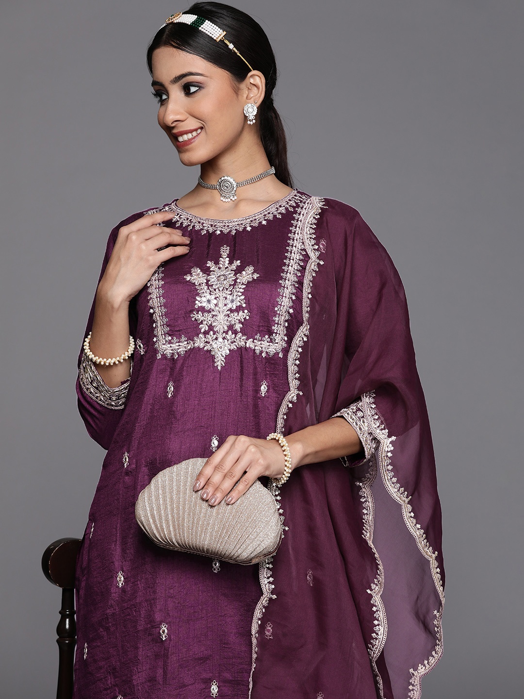 

Indo Era Women Purple Embroidered Kurta with Trousers & Dupatta
