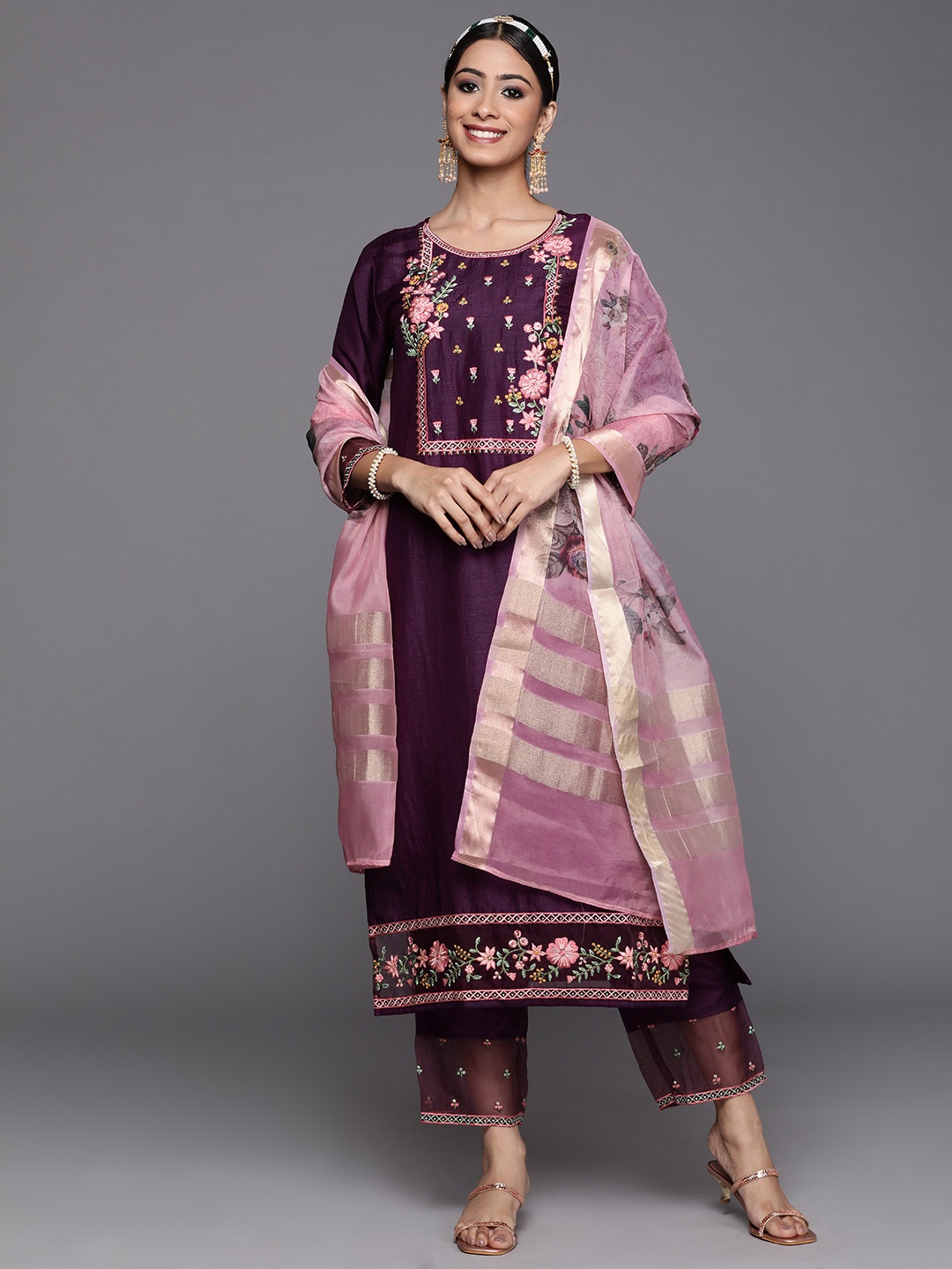 

Indo Era Women Burgundy Floral Embroidered Kurta with Trousers & With Dupatta