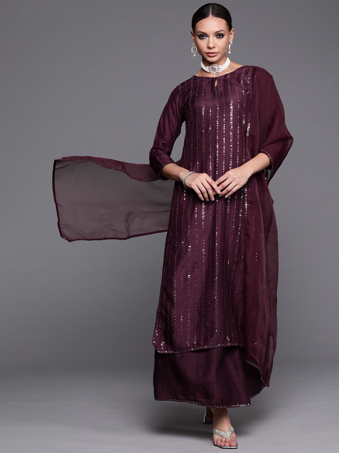 

Indo Era Women Purple Sequinned Kurta with Palazzos & With Dupatta