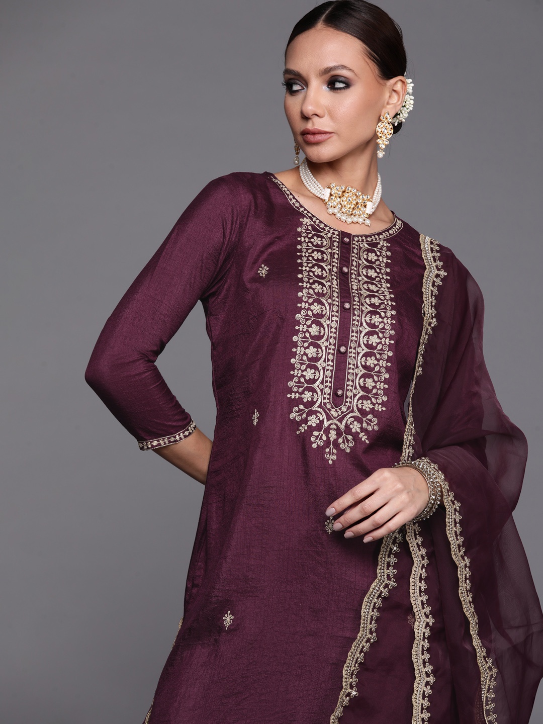 

Indo Era Women Purple Ethnic Motifs Embroidered Kurta with Trousers & With Dupatta