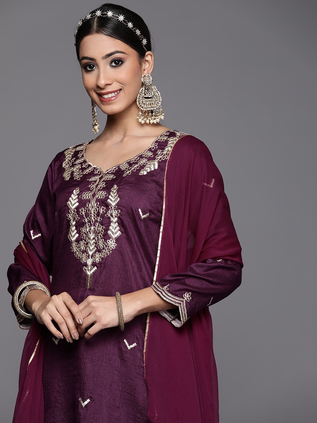 

Indo Era Women Burgundy Ethnic Motifs Embroidered Kurta with Sharara & With Dupatta