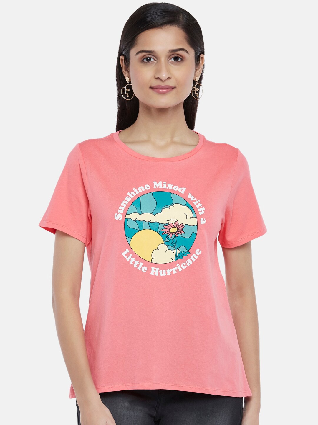 

People Women Pink & Blue Printed Pure Cotton T-shirt