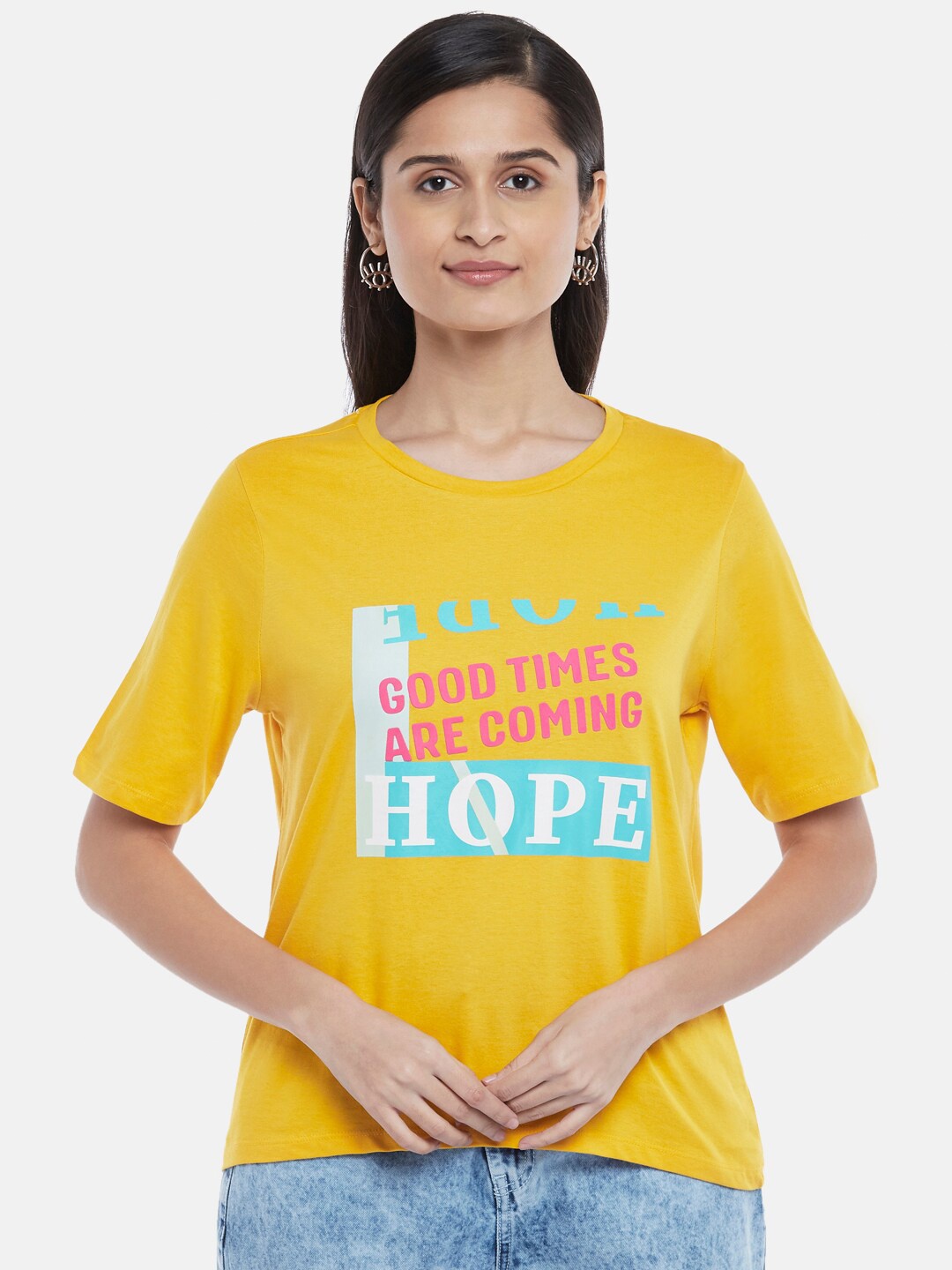 

People Women Yellow Printed T-shirt