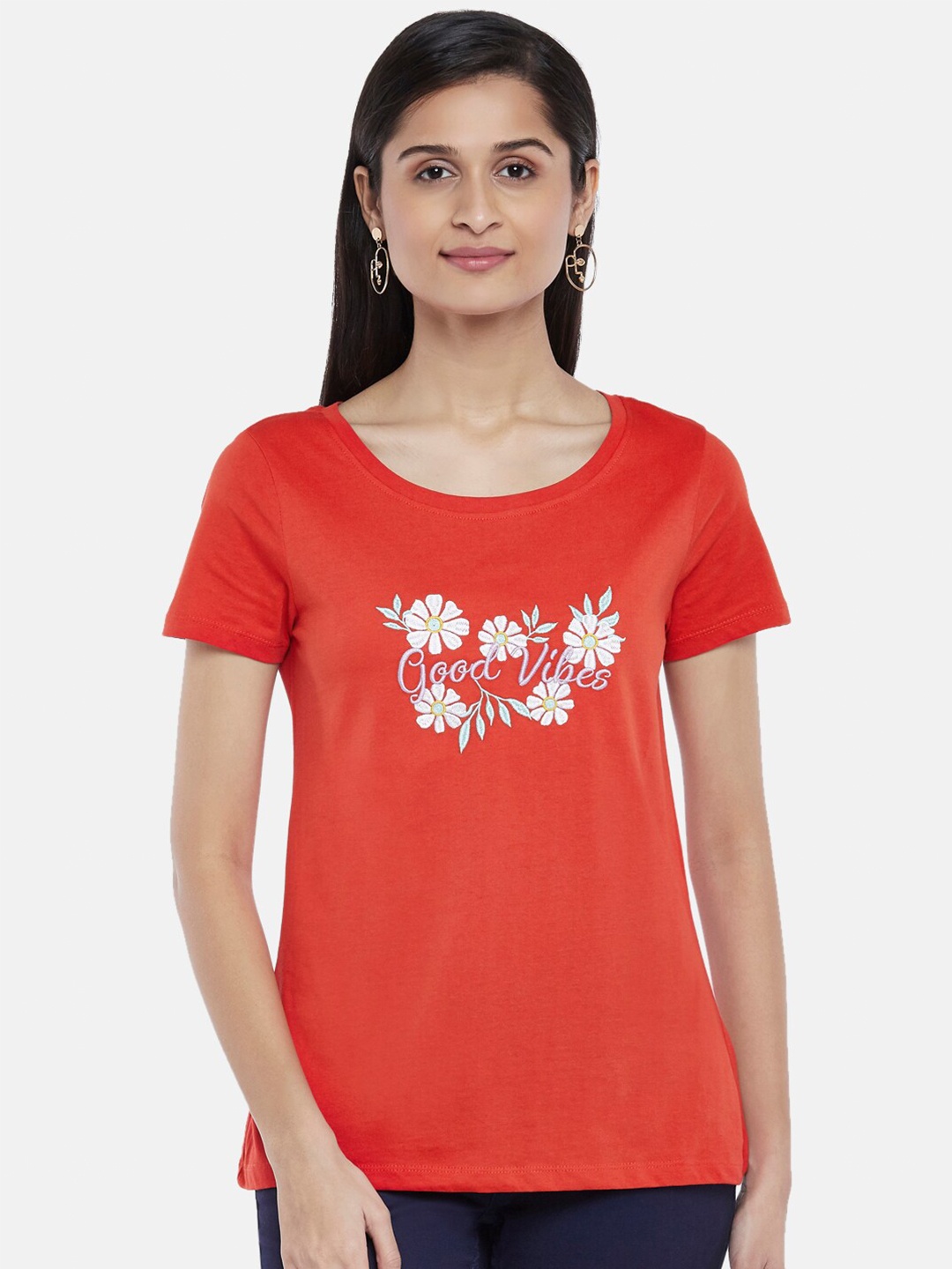 

Honey by Pantaloons Women Red & White Printed Pure Cotton T-shirt