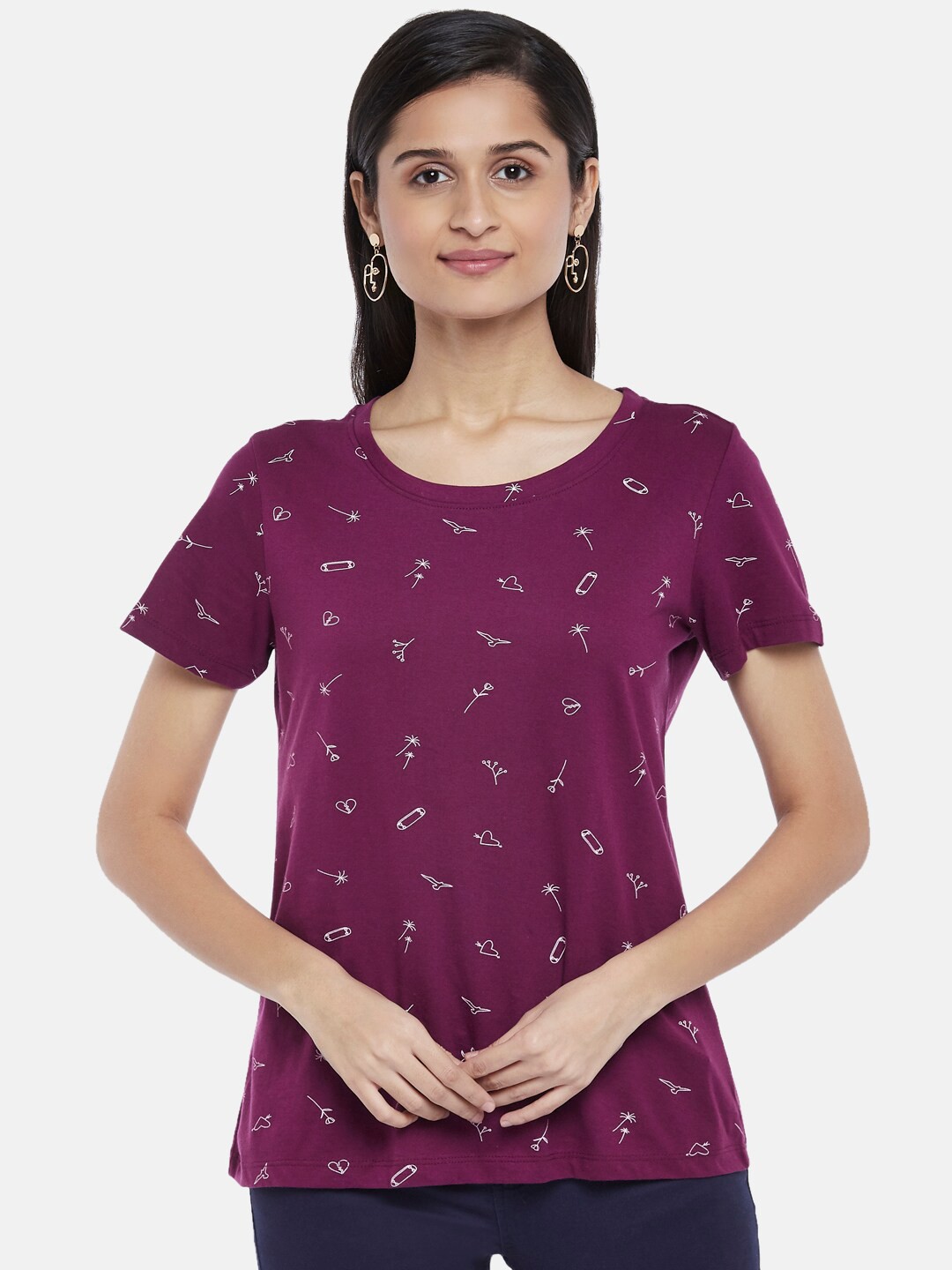 

Honey by Pantaloons Women Purple & White Printed Pure Cotton T-shirt