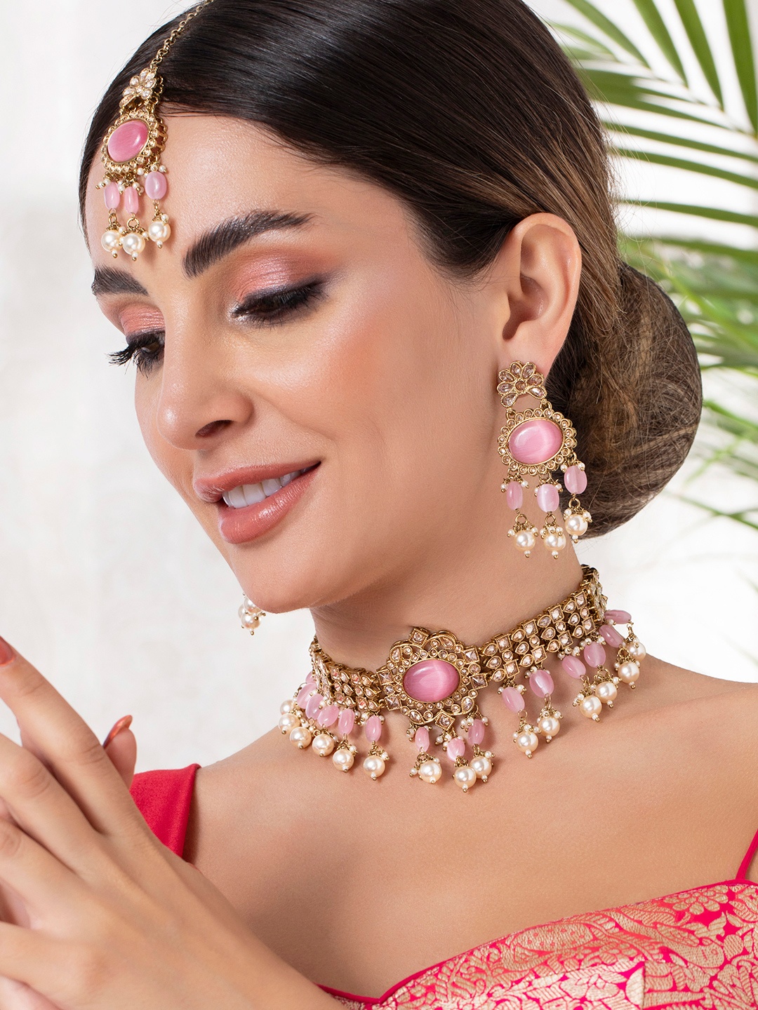 

Rubans Gold-Plated & Pink American Diamond Studded Jewellery Set