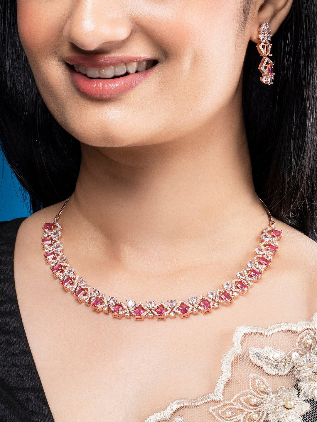 

Rubans Women Rose Gold-Plated CZ Studded Necklace Set