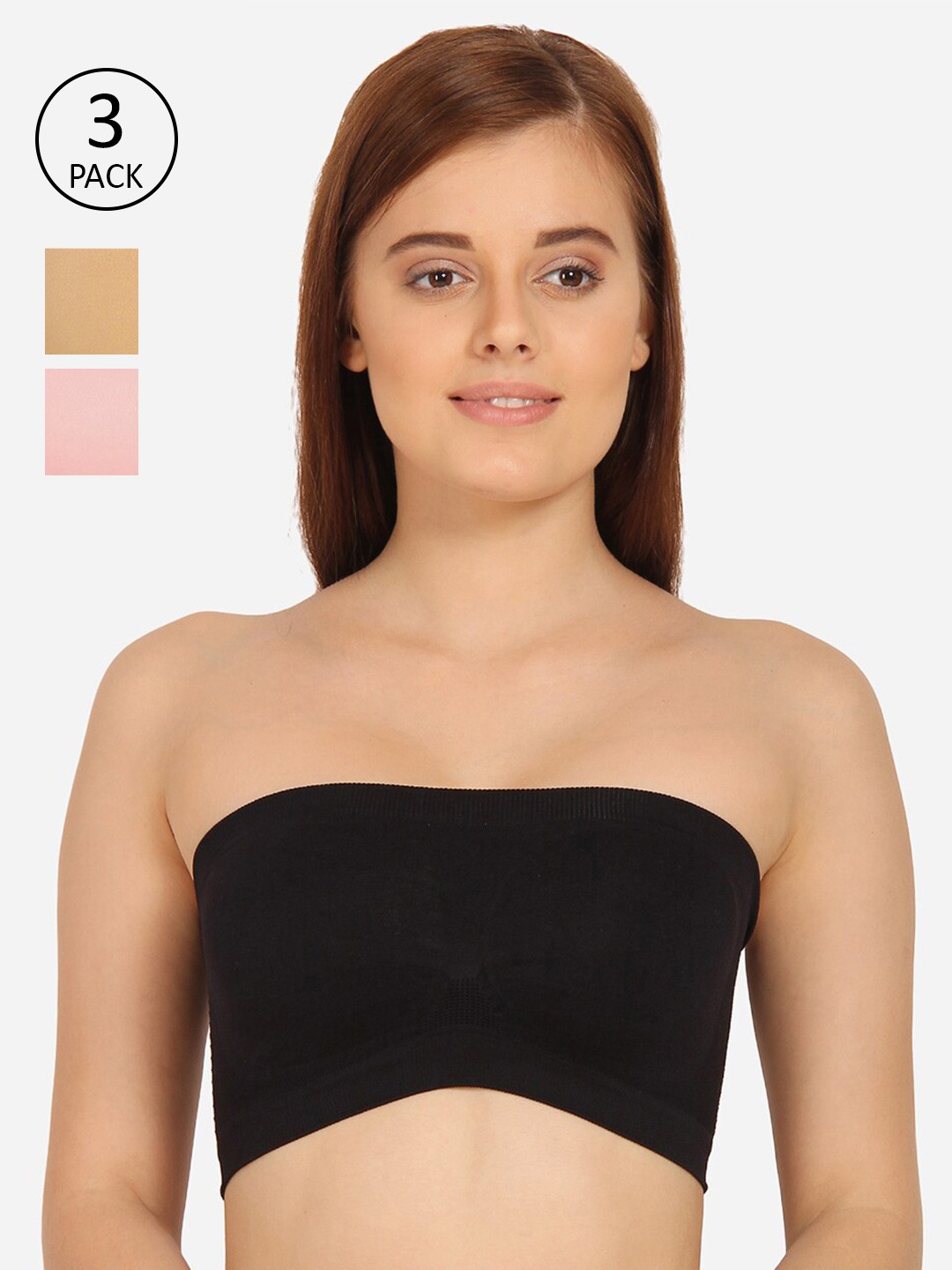 

Innocence Pink Black & Beige Pack of 3 Solid Non Padded Non Wired Everyday Tube Bra