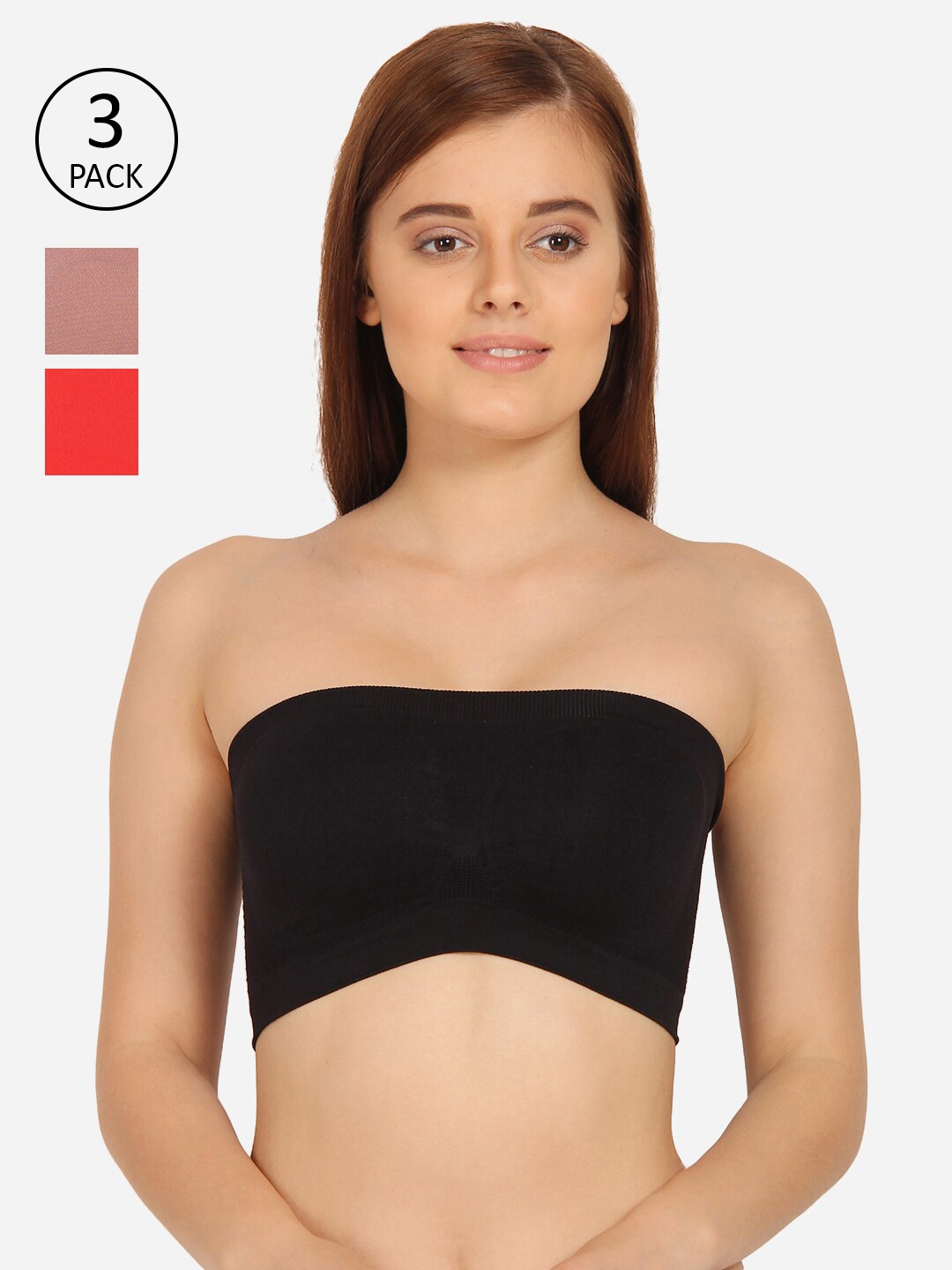 

Innocence Black, Red & Rose Set of 3 & Pink Non Wired Non Padded Seamless Tube Bra
