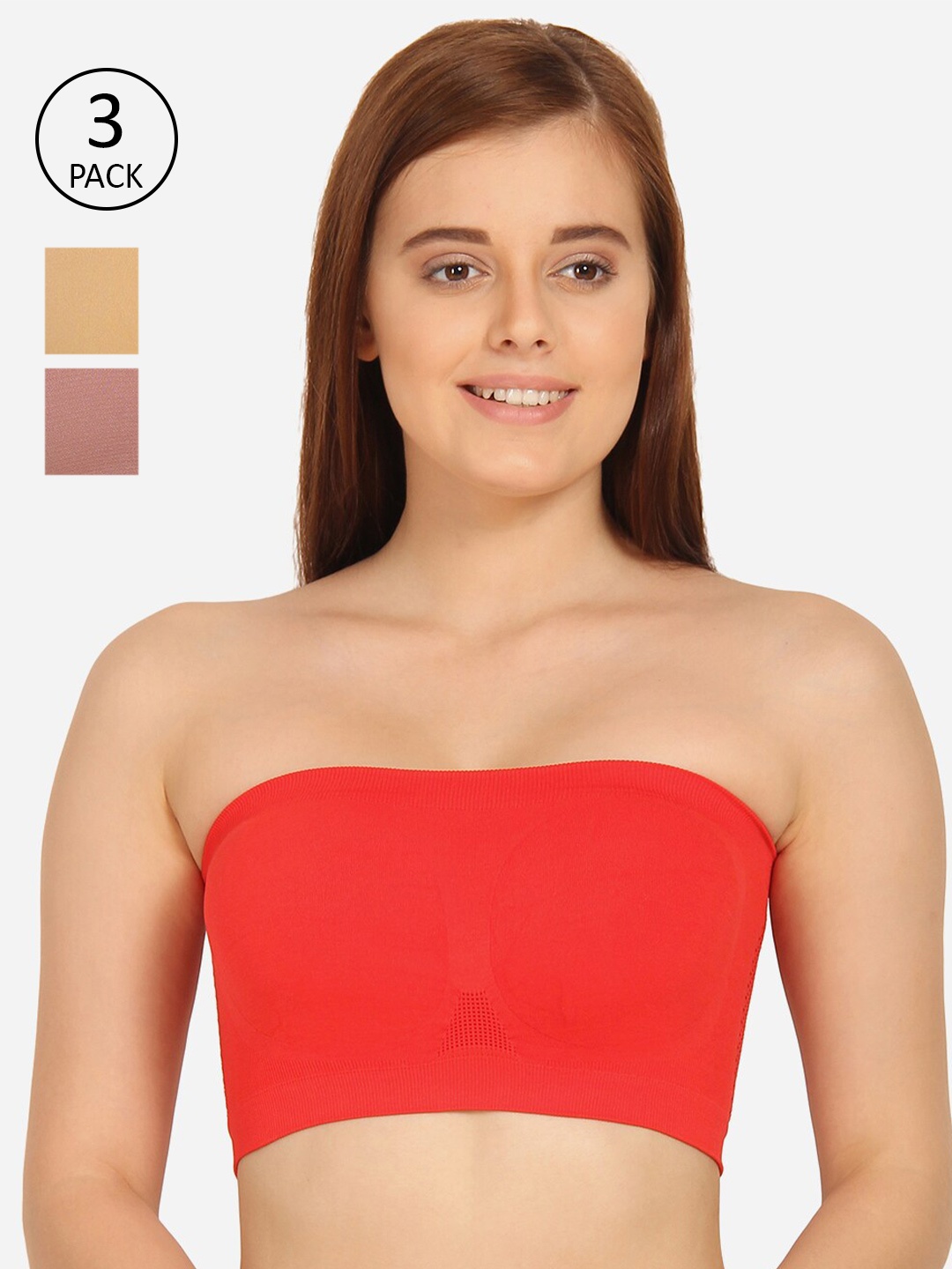 

Innocence Red & Beige Set Of 3 Bandeau Bra