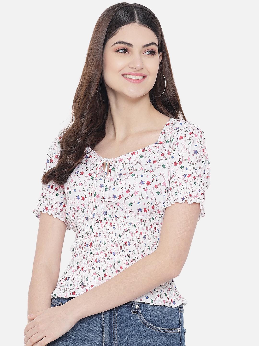 

Trend Arrest White Floral Print Smocked Top