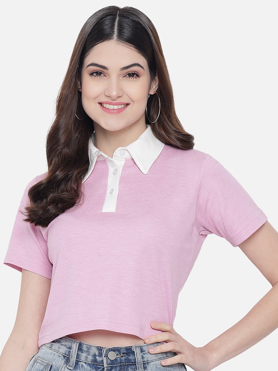 

Trend Arrest Pink & White Pure Cotton Shirt Style Crop Top