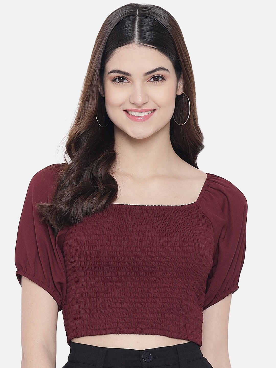 

Trend Arrest Burgundy Solid Smocking Crop Top