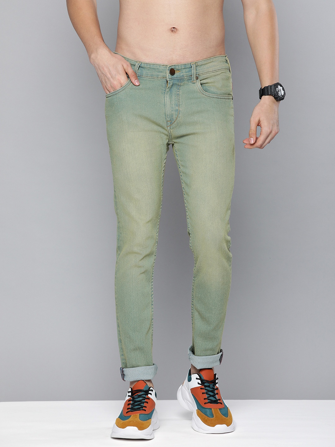 

HERE&NOW Men Green Slim Fit Light Fade Jeans