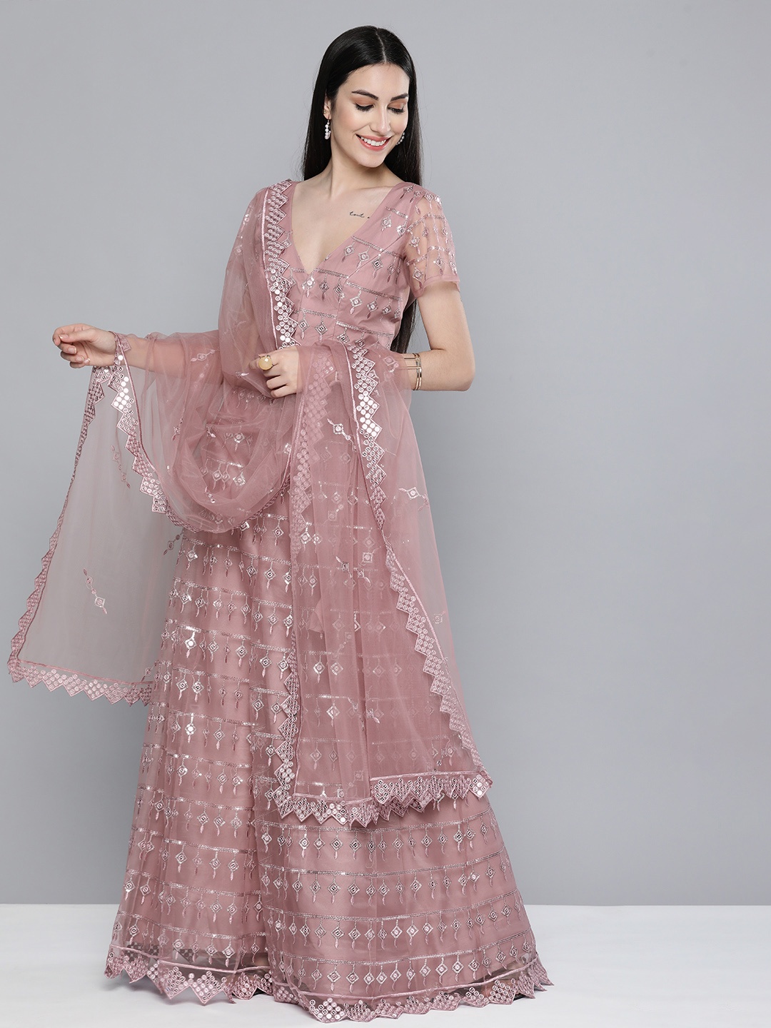 

Kvsfab Pink Embroidered Sequinned Unstitched Lehenga & Blouse With Dupatta