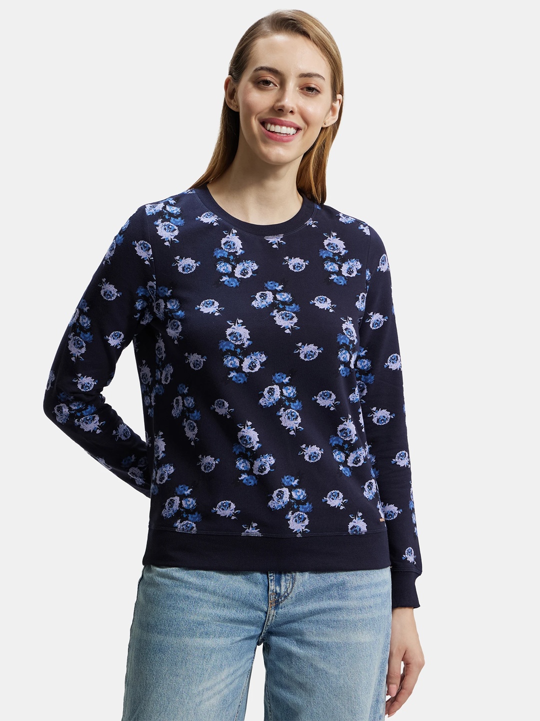

Jockey Women French Terry Printed Sweatshirt with Ribbed Cuffs, Blue