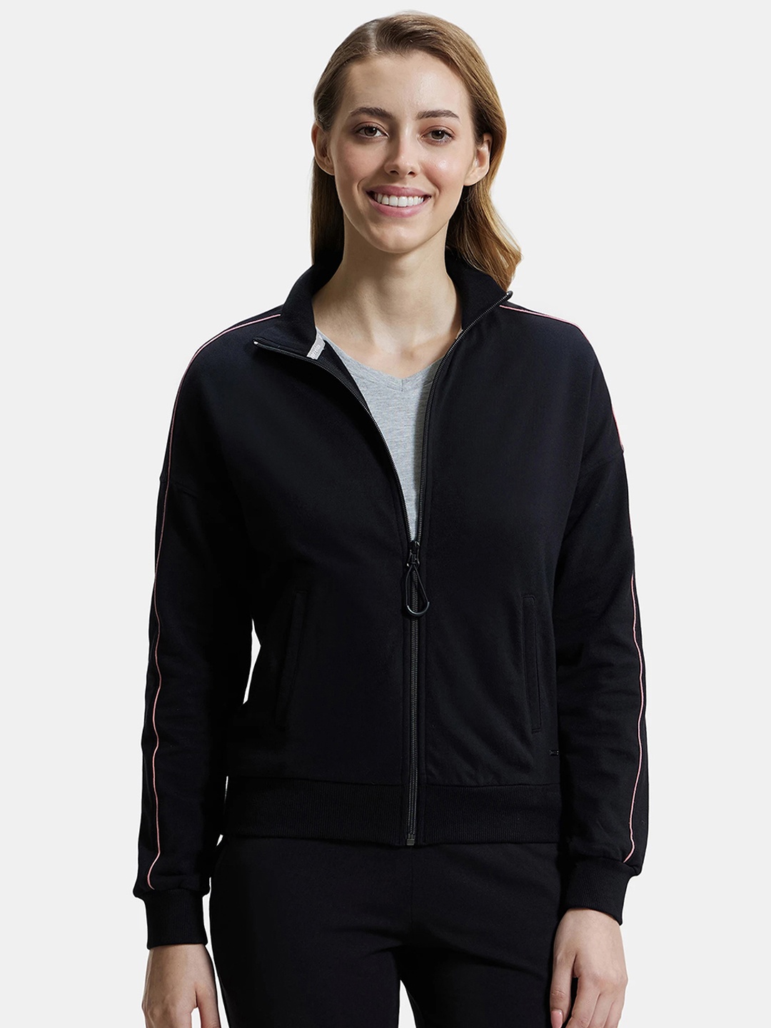 

Jockey Super Combed Cotton French Terry Drop Shoulder Styled Jacket -A111, Black