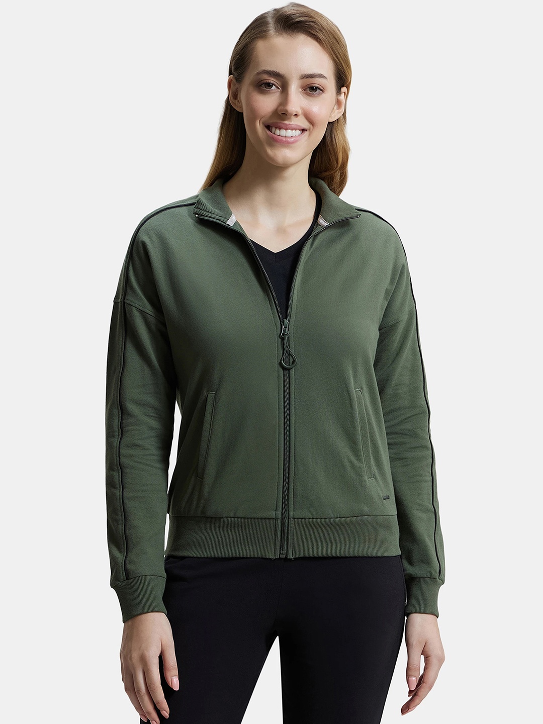 

Jockey Super Combed Cotton French Terry Drop Shoulder Styled Jacket -A111, Green