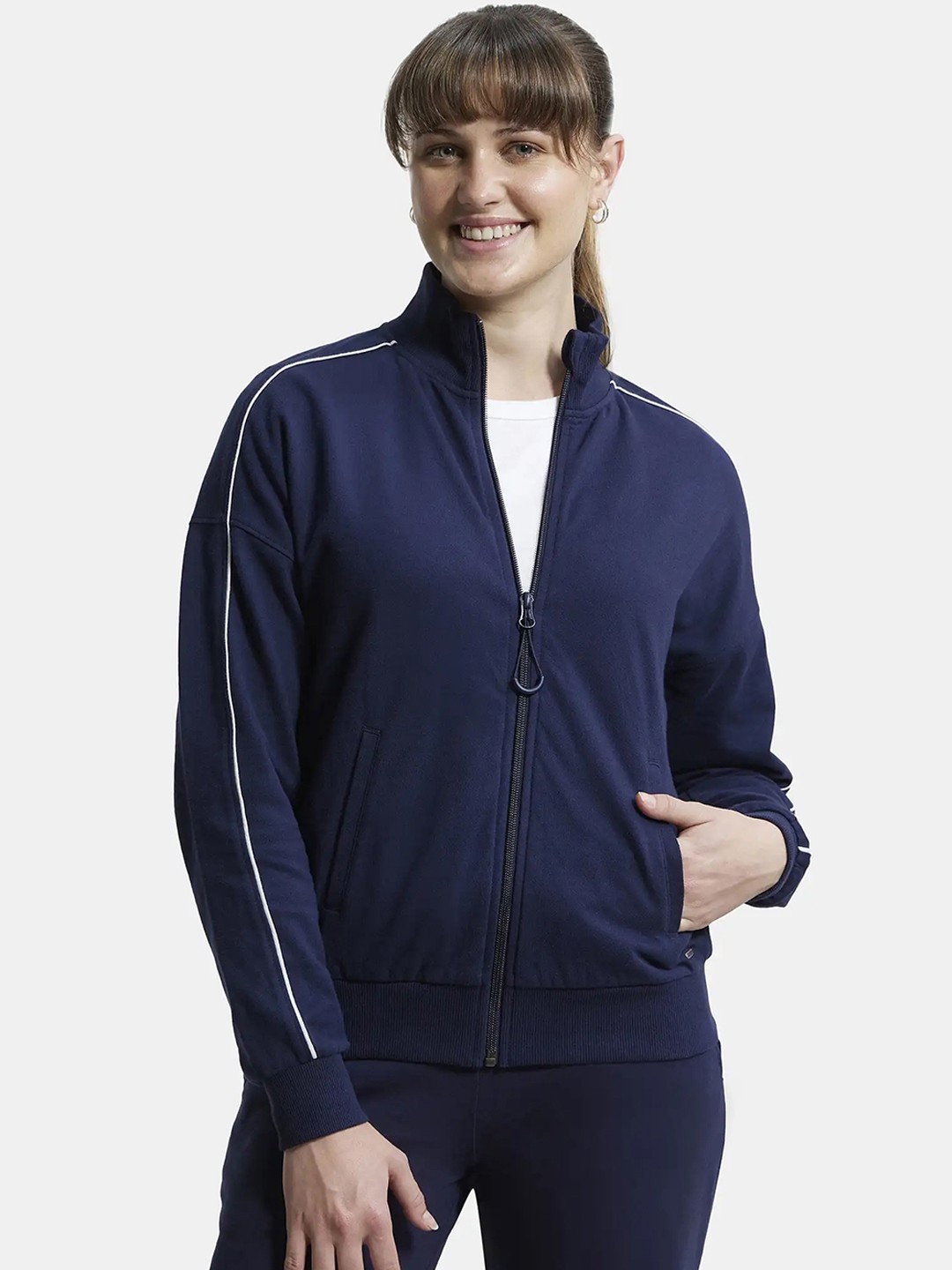 

Jockey Super Combed Cotton French Terry Drop Shoulder Styled Jacket -A111, Navy blue