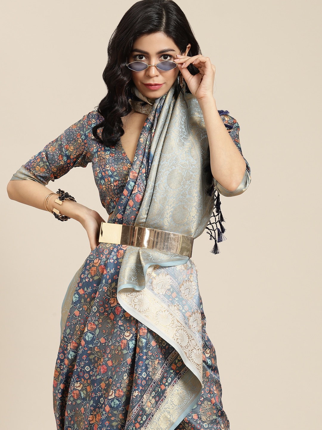 

SHANGRILA Navy Blue & Orange Ethnic Woven Design Art Silk Saree