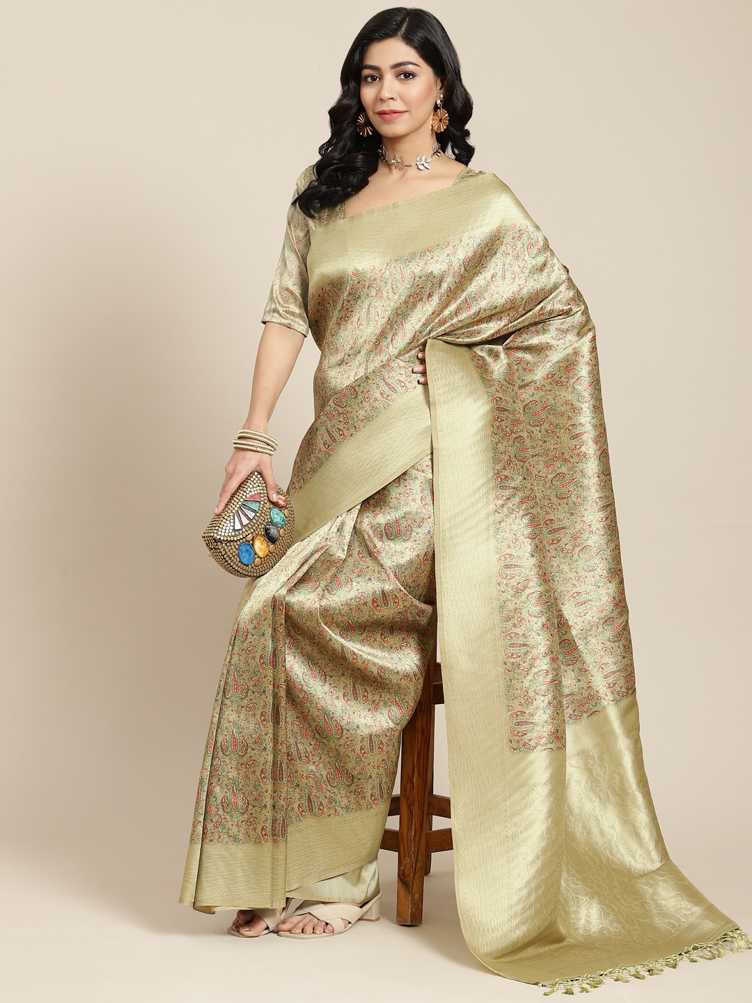 

SHANGRILA Green Ethnic Motifs Art Silk Banarasi Saree