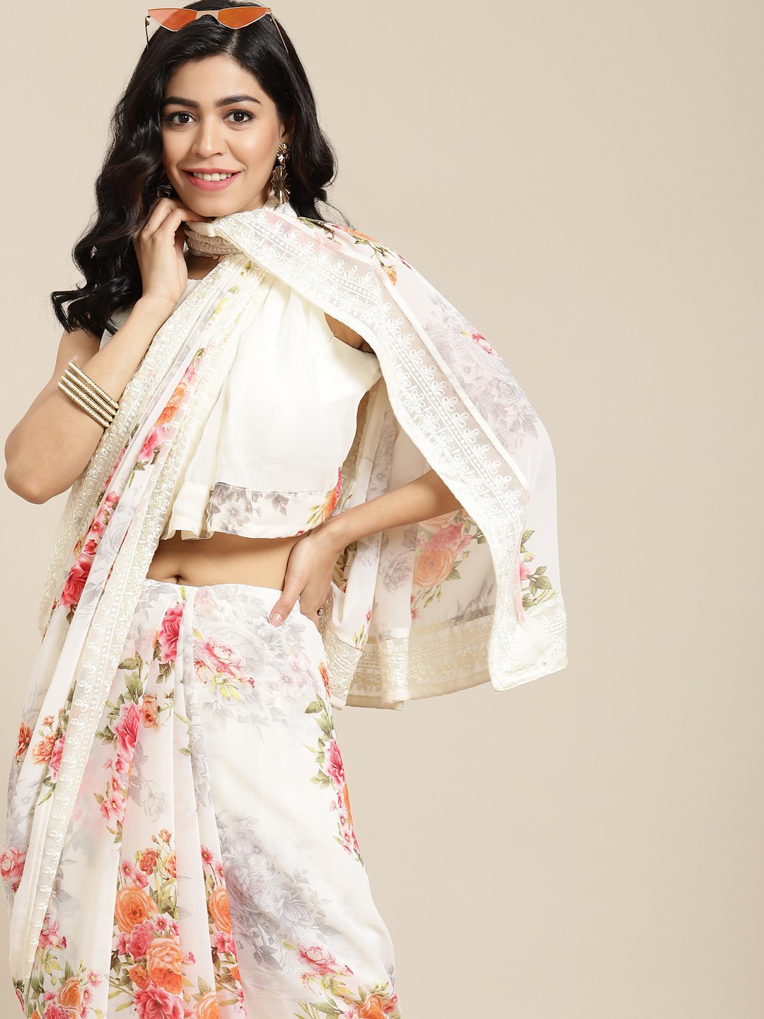 

SHANGRILA Off White Floral Pure Georgette Saree