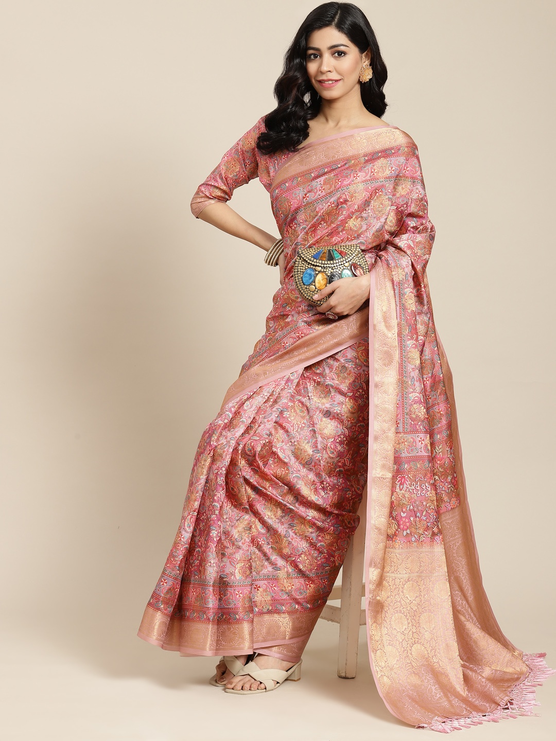 

SHANGRILA Pink Ethnic Motifs Art Silk Banarasi Saree