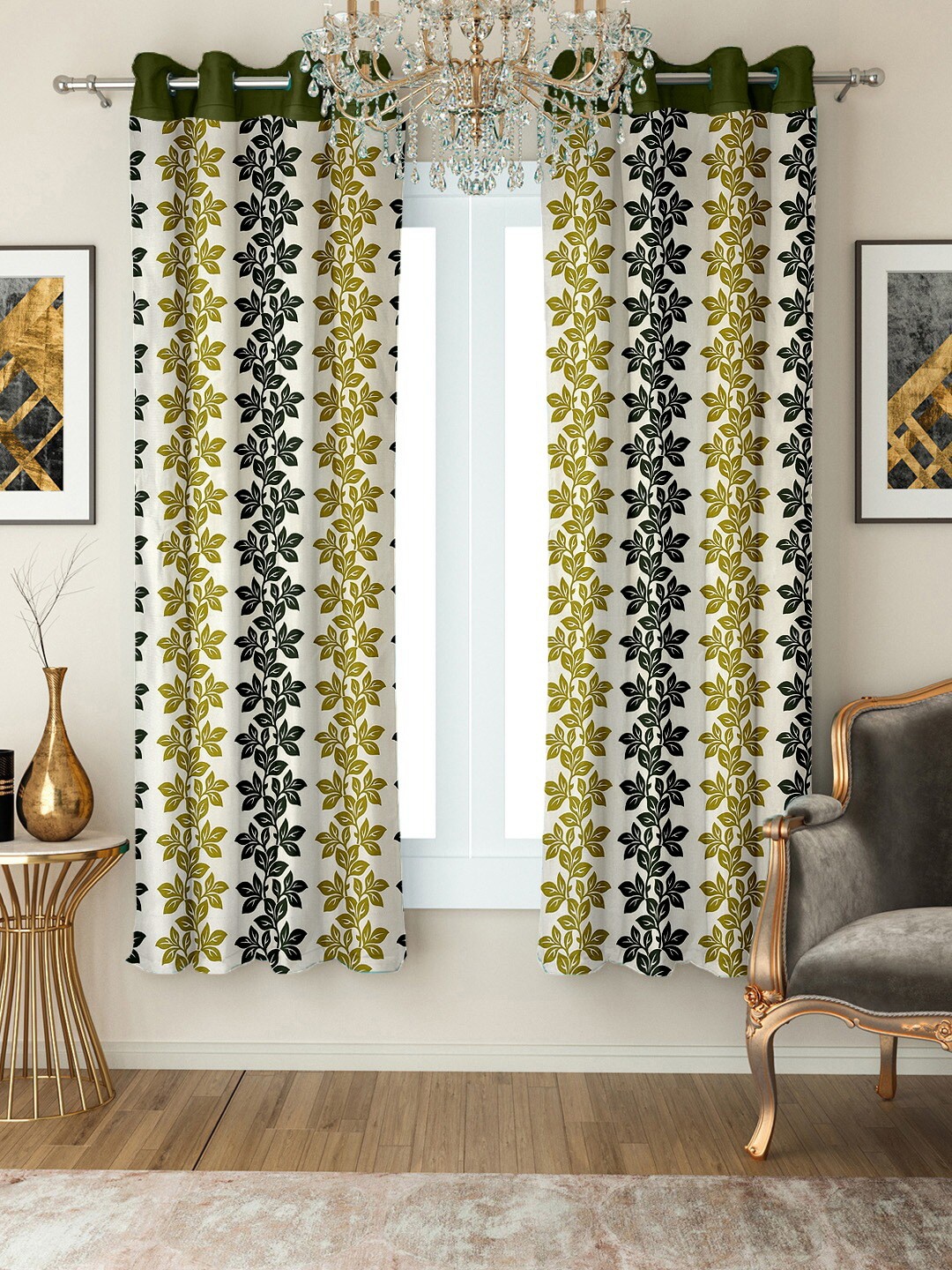 

Cortina White & Green Set Of 2 Floral Printed Regular Window Curtains