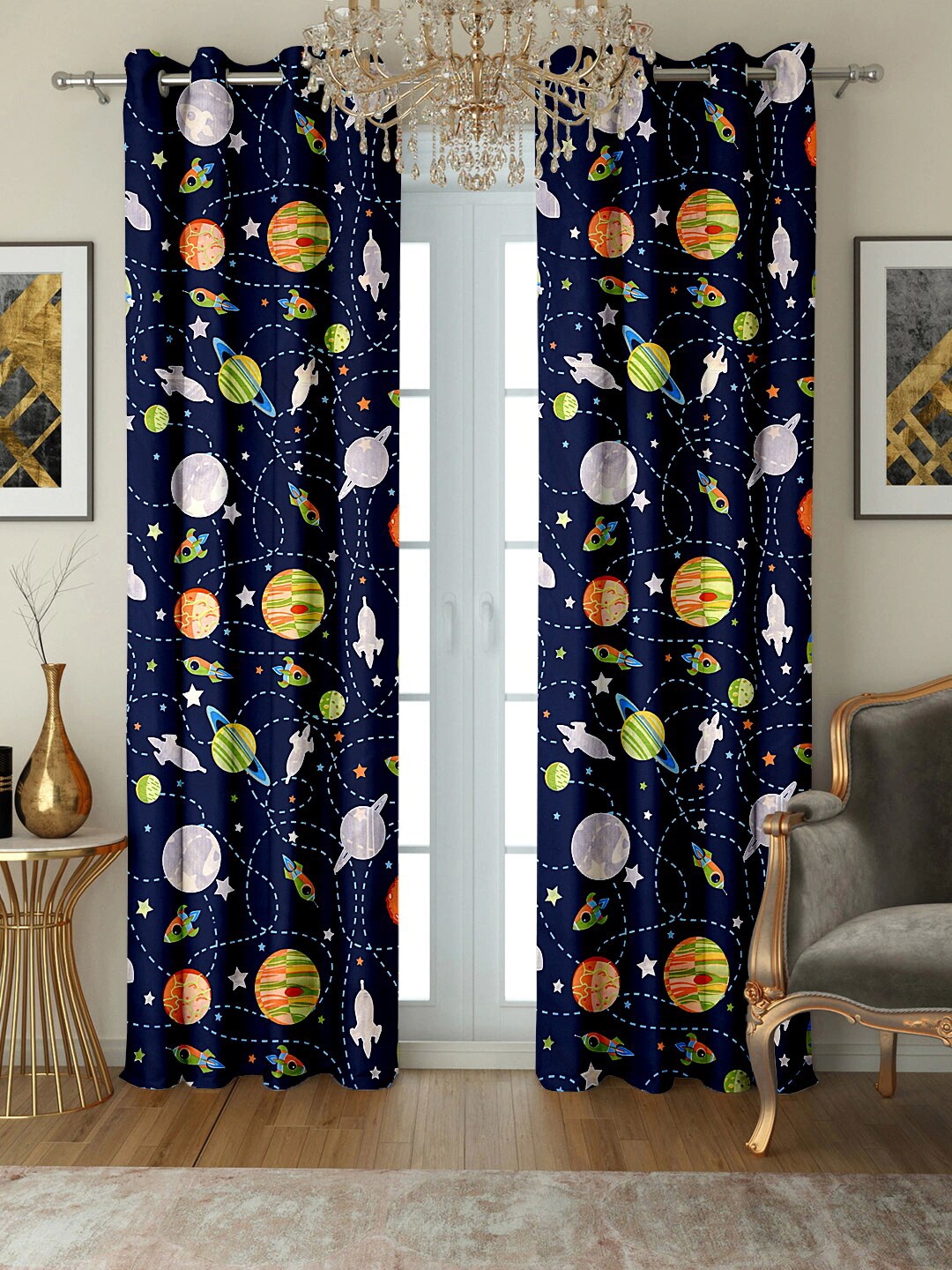 

Cortina Navy Blue & Green Set of 2 Quirky Printed Long Door Curtain