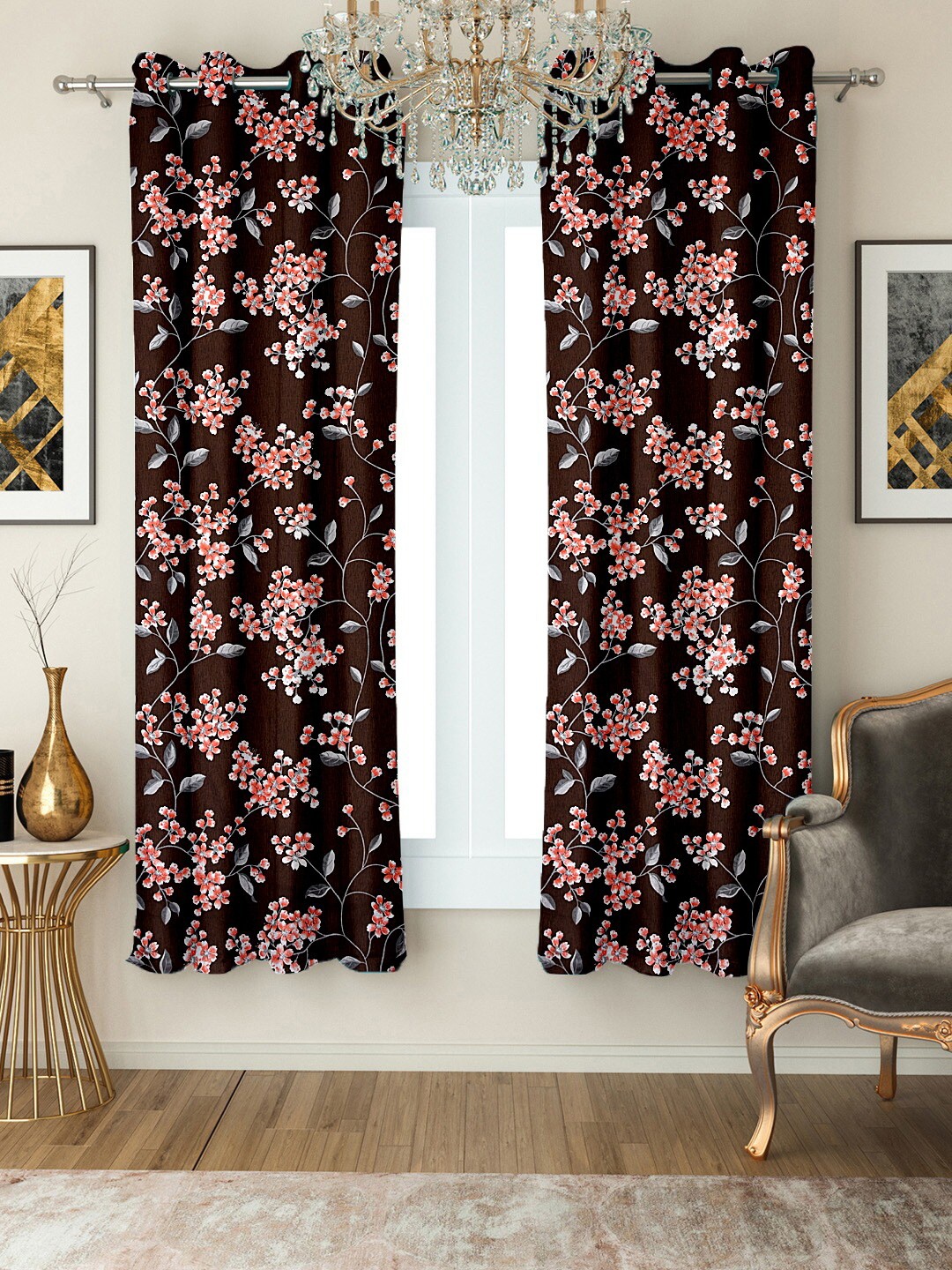 Cortina Brown & Pink Set of 2 Floral Window Curtain