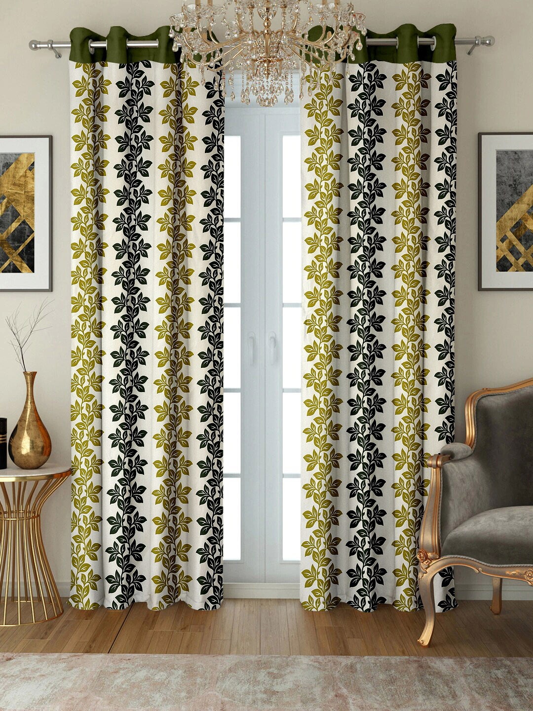 Cortina Yellow & Green Set of 2 Floral Printed Door Curtain
