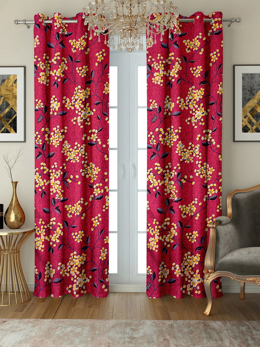 Cortina Red & Yellow Set of 2 Floral Long Door Curtain