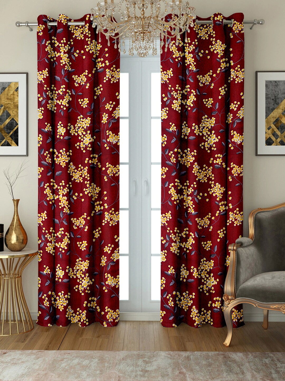 

Cortina Maroon & Orange Set of 2 Floral Door Curtain