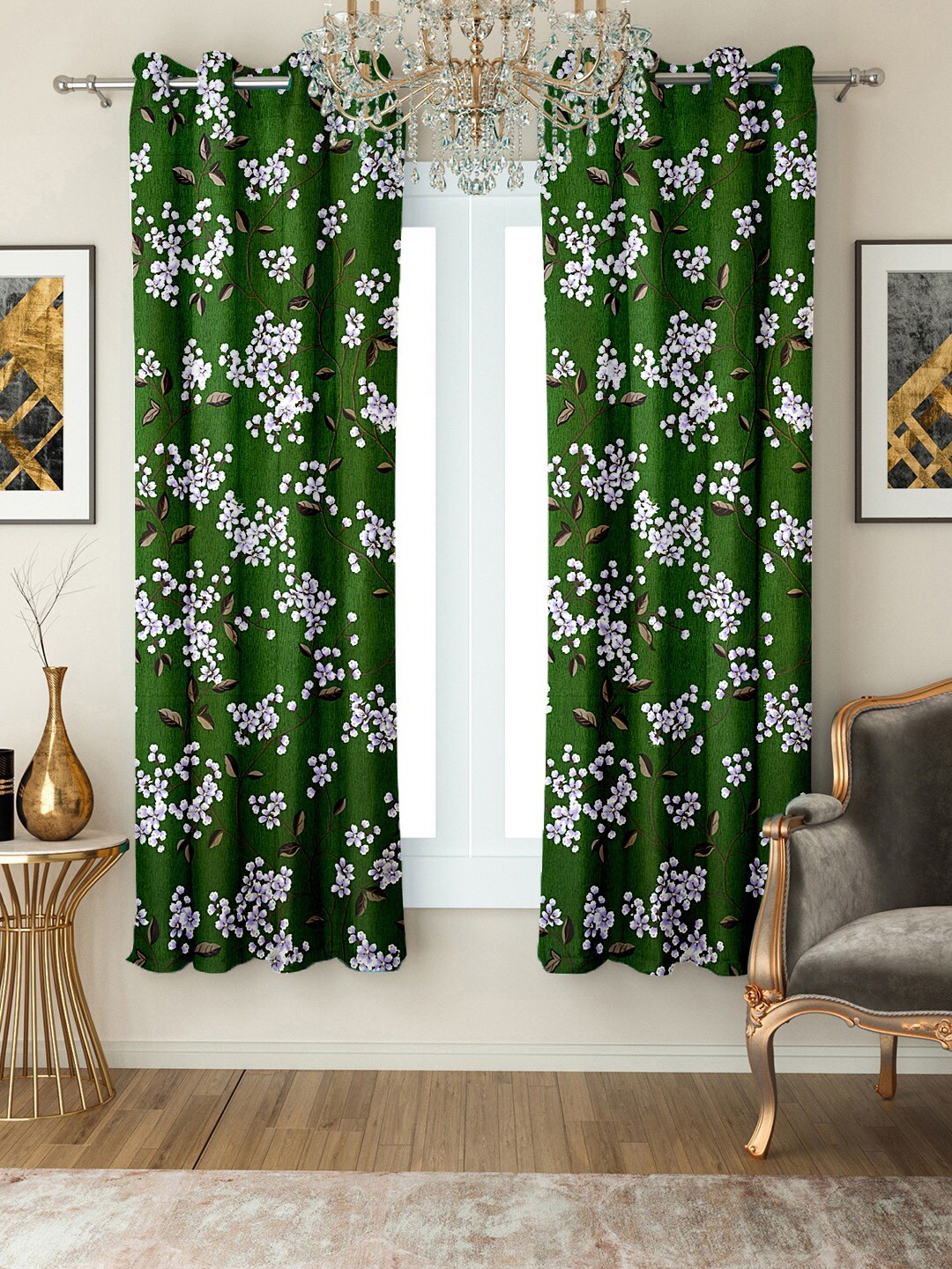 Cortina Green & White Set of 2 Floral Printed Window Curtain