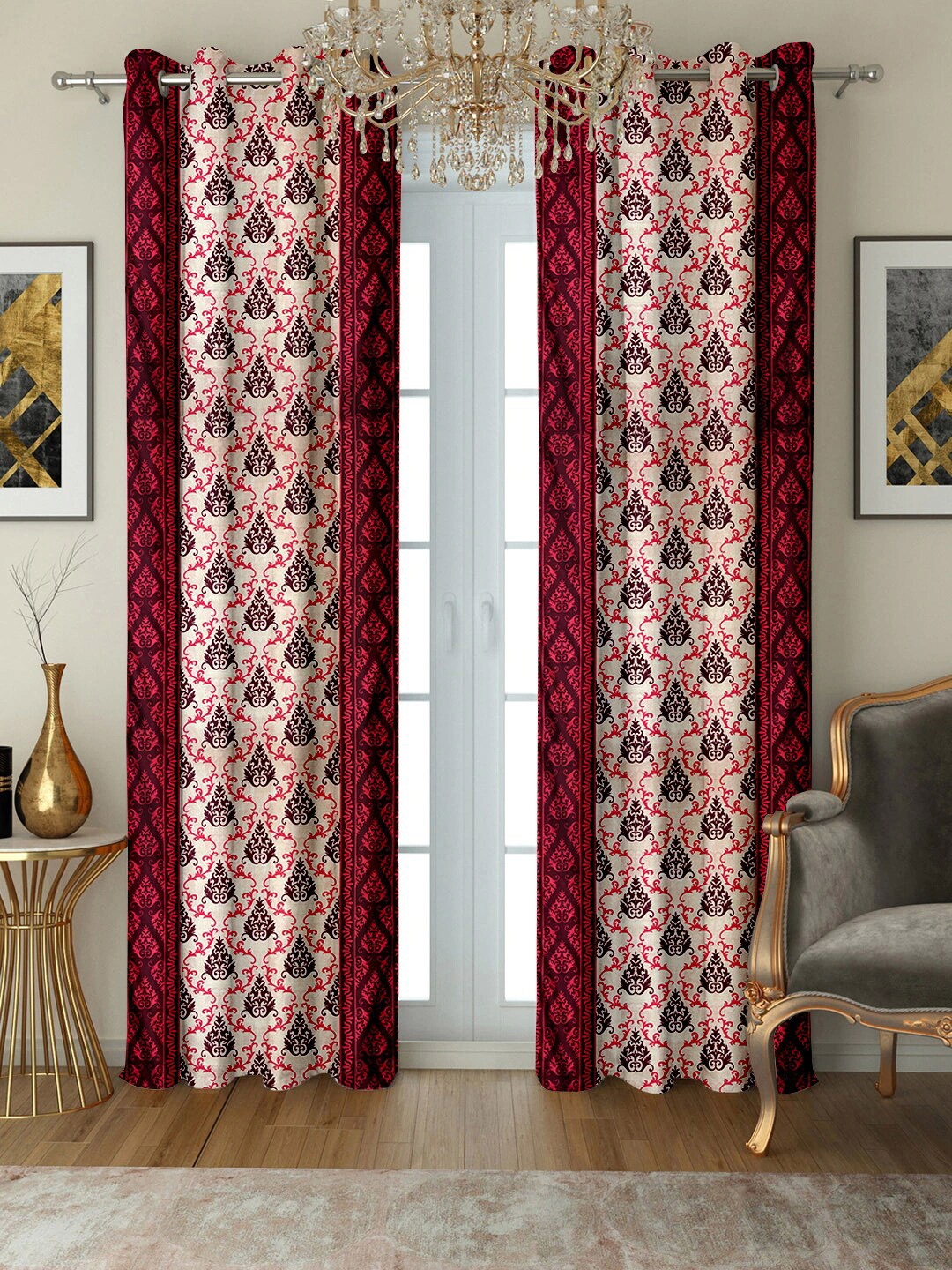Cortina Maroon & White Set of 2 Damask Printed Door Curtains, Magenta